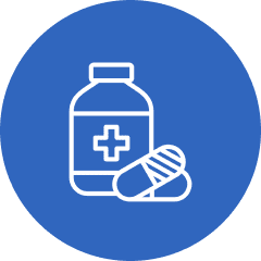 Medicine bottle and pills icon on blue.